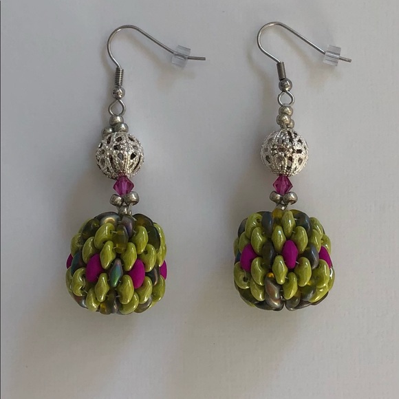Silver and Beaded Sphere Drop Earrings - Picture 2 of 4